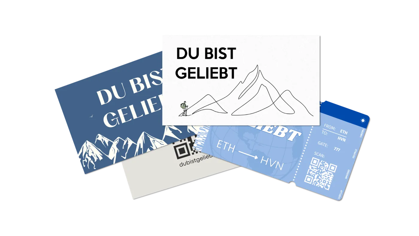 Mehrere „Du bist geliebt“-Karten im Visitenkartenformat, mit Motiven zum Weitergeben